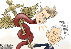 MAN QUESTIONS MASK NEAR WINGED STAFF by Jeff Koterba