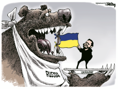 RUSSIAN BEAR CONFRONTS UKRAINE FLAG HOLDER by Bill Day