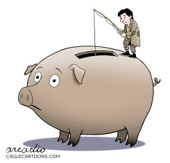 MAN FISHING SAVINGS FROM PIGGY BANK by Arcadio Esquivel