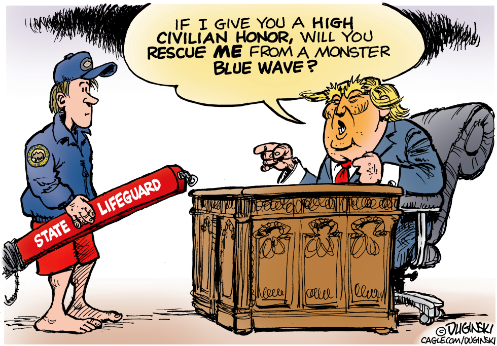 Trump requests rescue from lifeguard amid blue wave threat using honor offer.