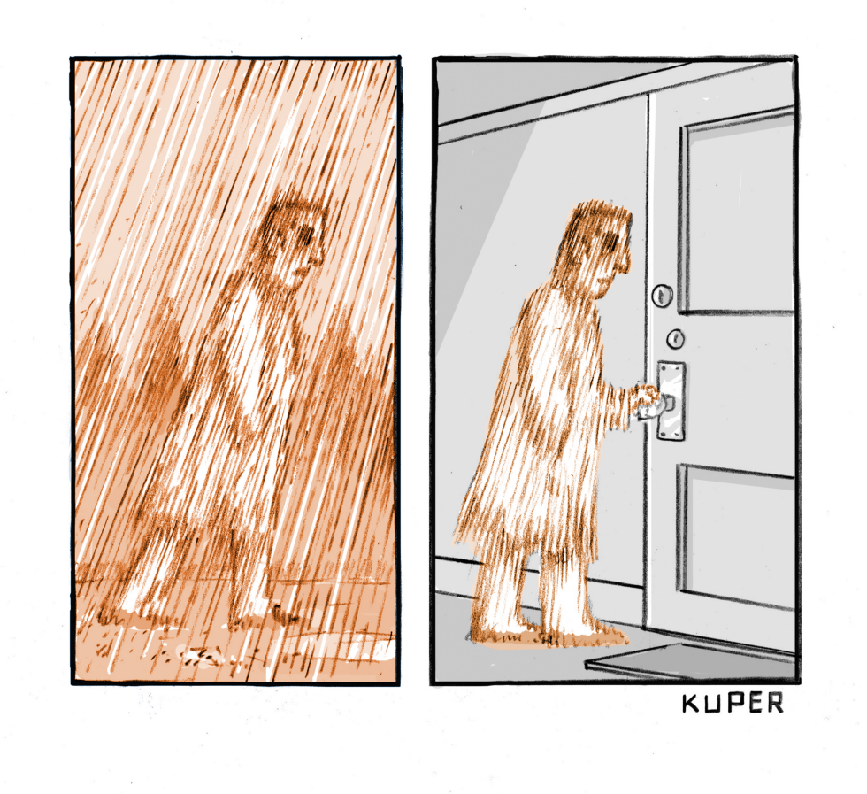 Drenched Figure Reaches Door in Storm