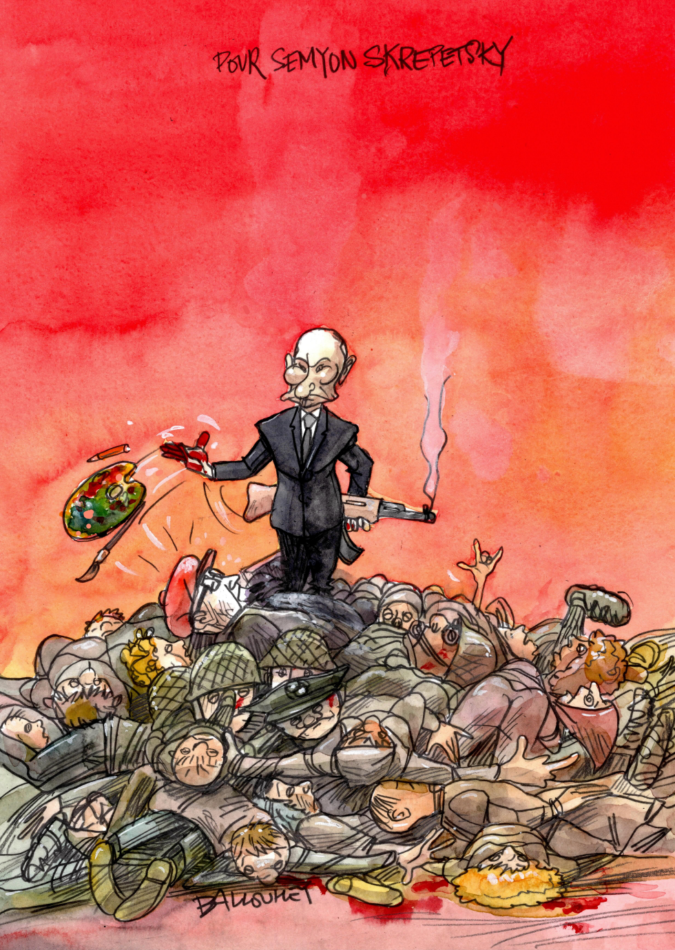 Semyon Skrepetsky Stands Over Fallen Soldiers Holding Rifle and Palette