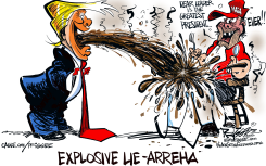TRUMP'S EXPLOSIVE LIE-ARREHA HITS MAGA FAN by Milt Priggee