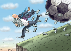 BUSINESSMAN FALLS OFF CLIFF CHASED BY SOCCER BALL by Marian Kamensky