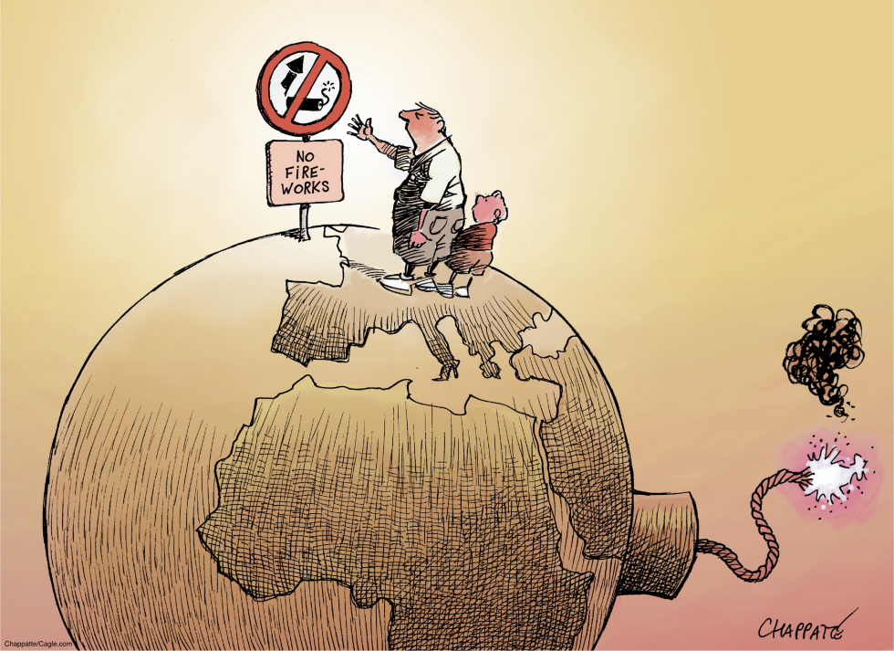 Father and child ignore warning sign as exploding globe with lit fuse threatens future generations.