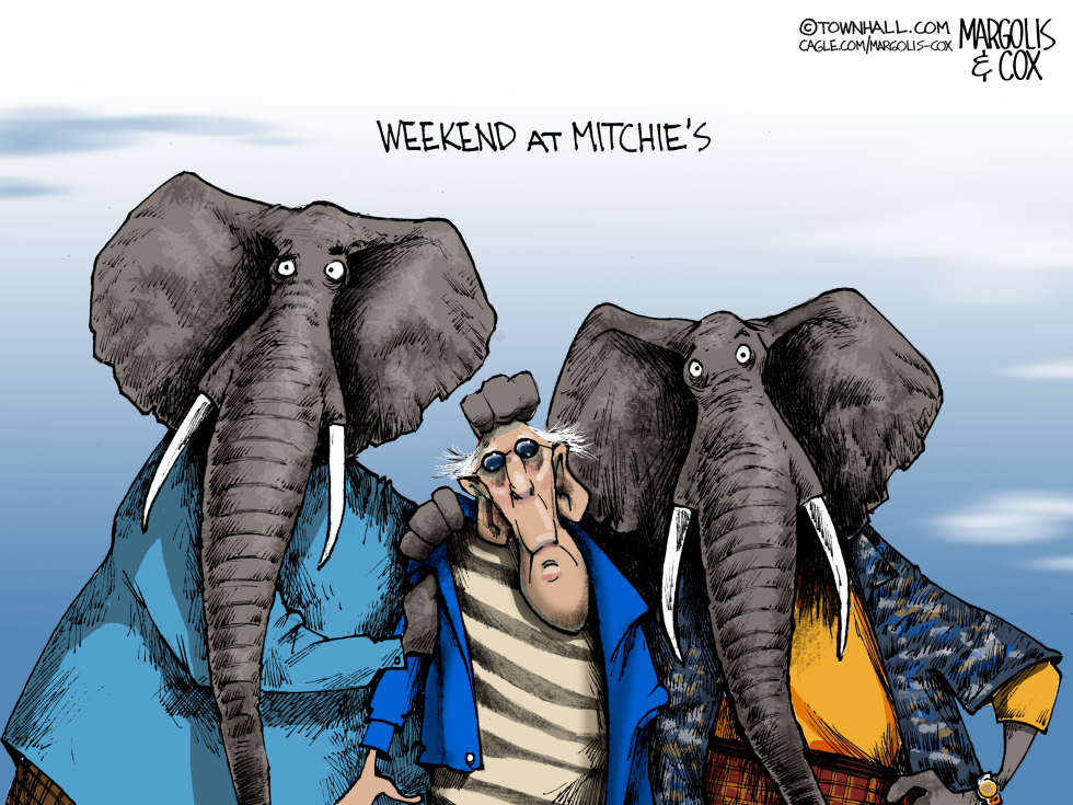 Mitch McConnell propped up by Republican elephants in Weekend at Bernie's parody