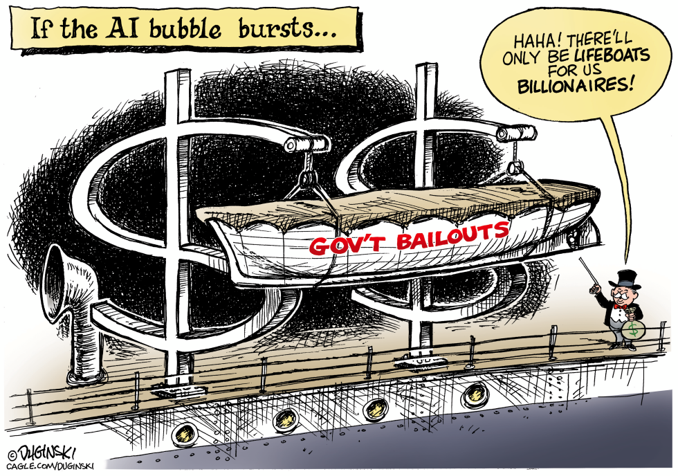 Billionaires secure lifeboats while AI bubble threatens collapse and government considers bailouts.