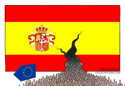MIGRANTS CRACKING SPANISH BORDER FLAG by Arcadio Esquivel