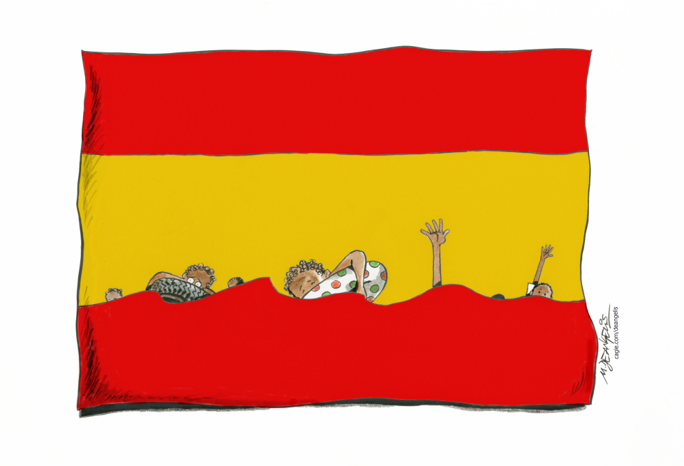 Migrants Surface Through Spanish Flag in Immigration Illustration