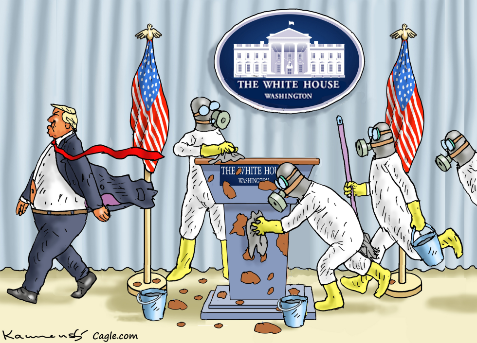 Trump Departs White House as Hazmat Crew Scrubs Stained Podium