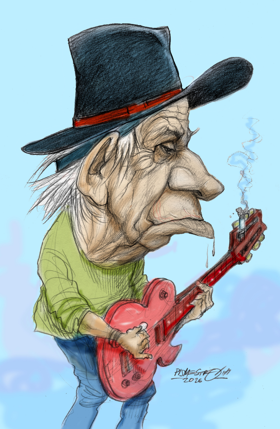 Elderly Guitarist with Smoking Red Instrument