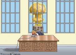 TRUMP SLUMPS OVER NUCLEAR BUTTON by Marian Kamensky