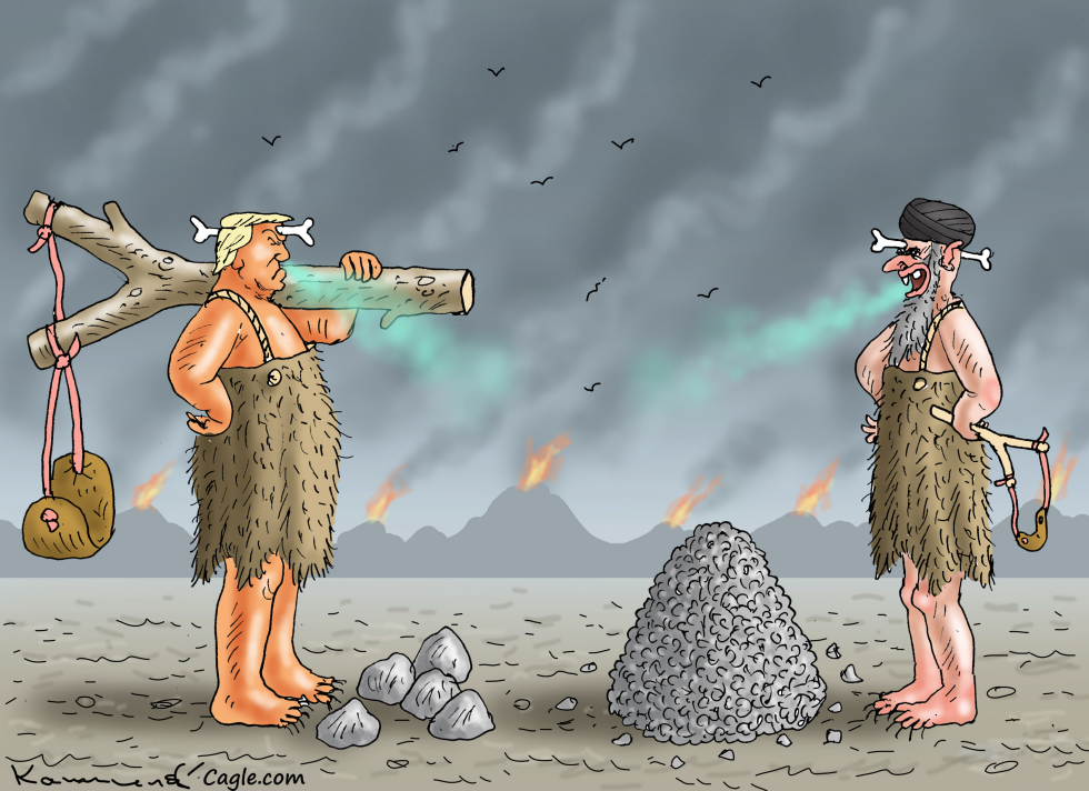 Trump as Caveman Directs Fiery Club at Rival