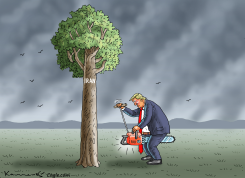 TRUMP CHAINSAWS IRAN LABELED TREE by Marian Kamensky