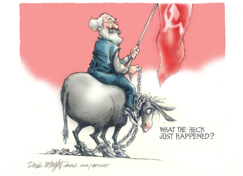 Marxist figure seizes control of chained Democratic symbol