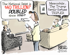 NATIONAL DEBT DOUBLES WHILE TRUMP FORTUNE TRIPLES by Jonathan Brown