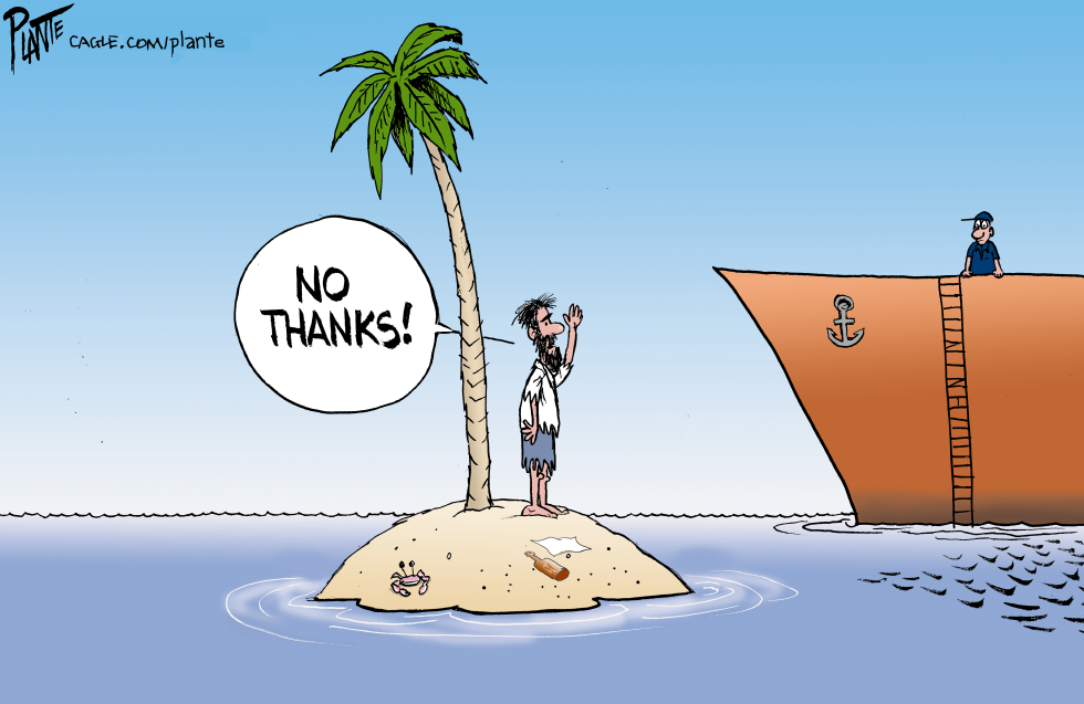Man on a deserted island wants to stay
