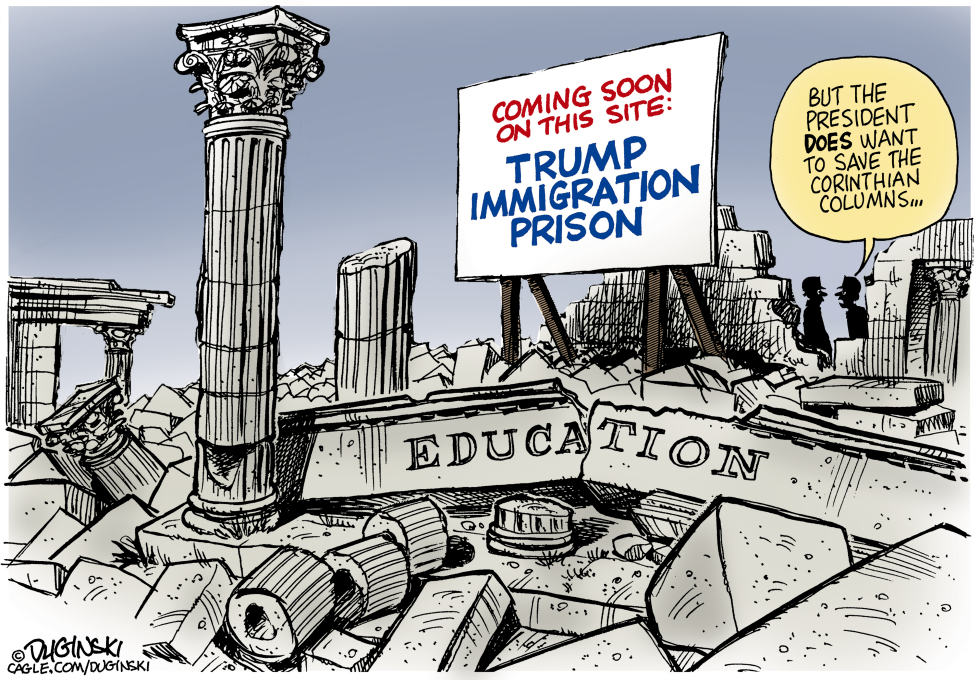 Trump immigration prison replaces education ruins while president saves Corinthian columns.