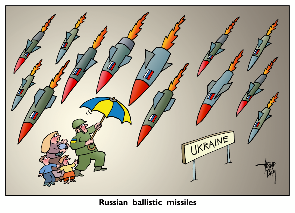 Ukrainian Soldier Uses Flag Umbrella to Shield Family from Russian Missiles