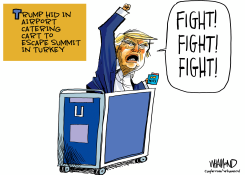TRUMP HIDES IN CATERING CART TO ESCAPE SUMMIT by Dave Whamond