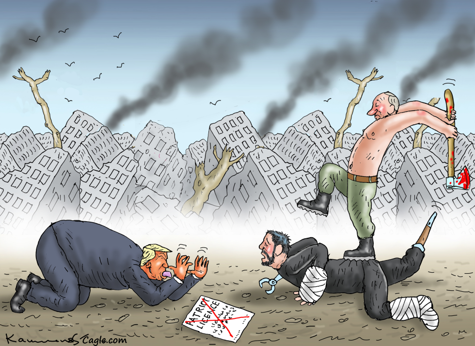 Putin looms over Trump and Zelenskyy amid ruined city