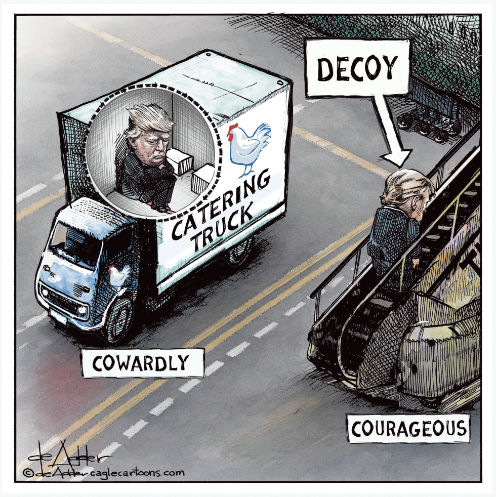 Trump portrayed as decoy in catering truck while Clinton climbs as courageous