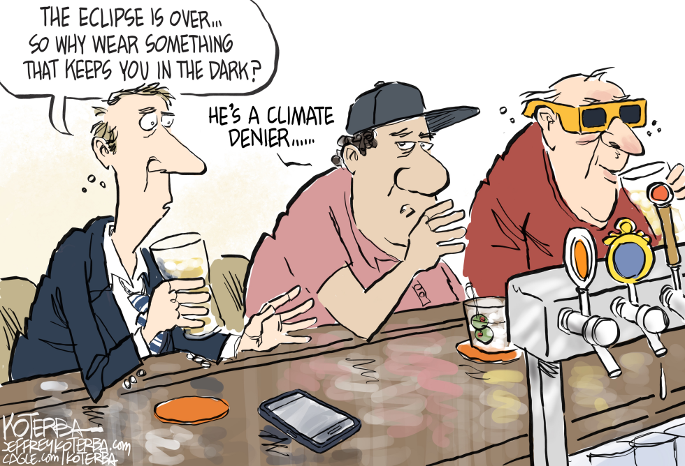 Eclipse Glasses Symbolize Climate Denial in Bar Setting