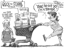 TEACHER HAULS CLASSROOM SUPPLIES FOR 30 by John Darkow
