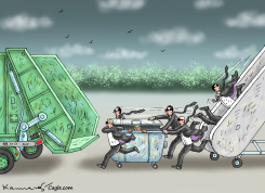 TRUMP DUMPSTER PUSHED TOWARD GARBAGE TRUCK by Marian Kamensky