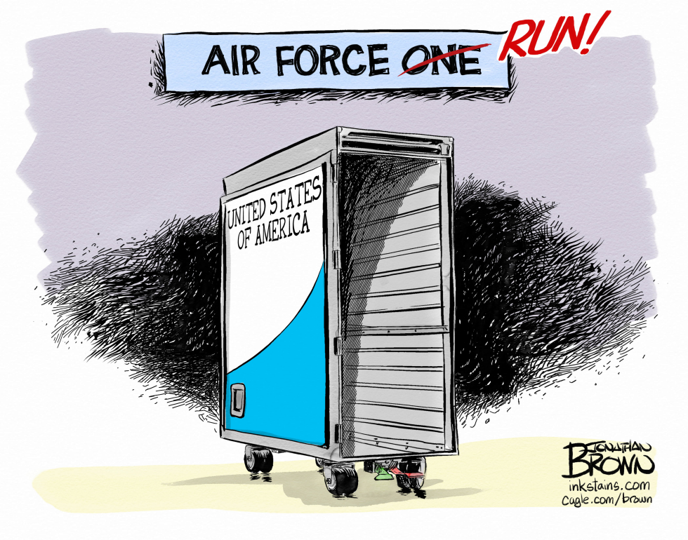 Donald Trump hides from an Iranian assassination threat inside an airline catering cart while the sign above him is rewritten to read Air Force Run.