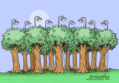 SHOWERS WATERING TREES FOR FIRE PREVENTION by Arcadio Esquivel