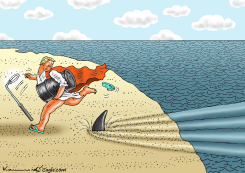 TRUMP FLEES SHARK WITH METAL DETECTOR by Marian Kamensky
