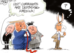 TRUMP WHISPERS COMMUNIST WARNING TO DONKEY by Pat Bagley