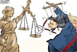 TRUMP PULLS BLANCHE'S STRINGS TO CUT LADY JUSTICE by Jeff Koterba
