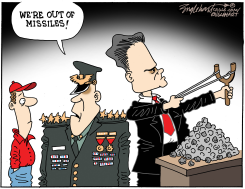 PENTAGON OUT OF MISSILES TURNS TO SLINGSHOT by Bob Englehart