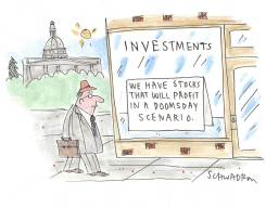 MAN VIEWS DOOMSDAY STOCKS INVESTMENT SIGN by Harley Schwadron