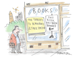 BOOKSTORE WINDOW SHOWS BANNED DEMOCRACY BOOK by Harley Schwadron