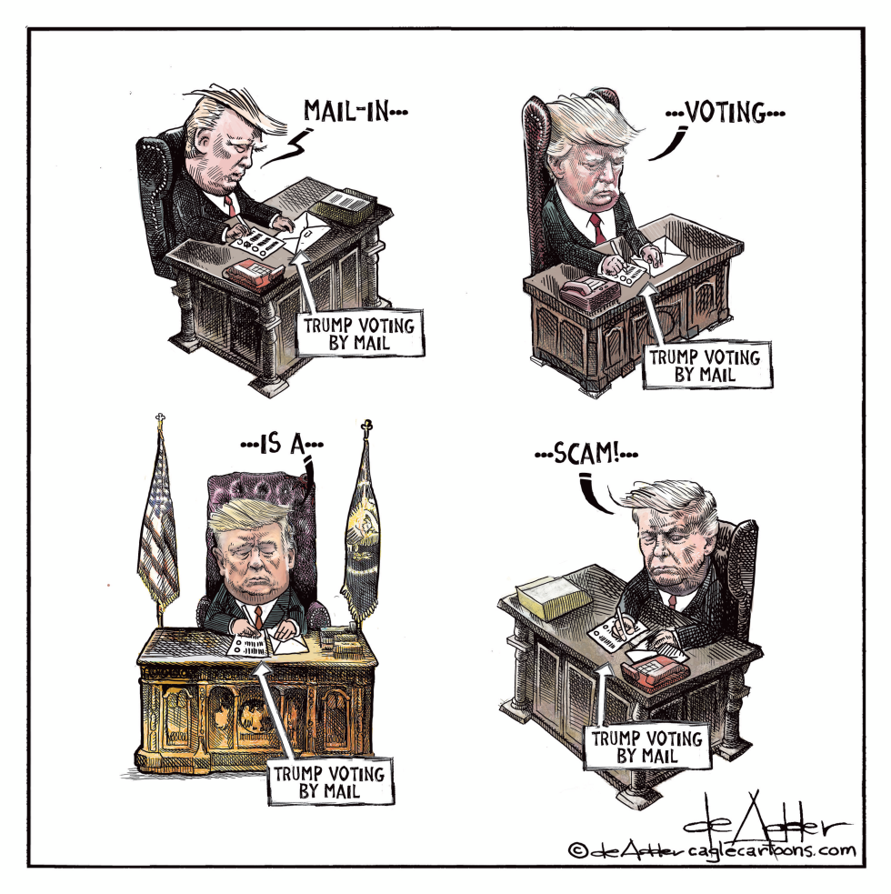 Cartoon Shows Trump Submitting Mail Ballots While Labeling Process a Scam