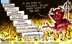 ANARCHY DEVIL CLIMBS POLITICAL DYSFUNCTION LADDER by Milt Priggee