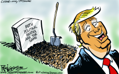 TRUMP LAUGHS AT BOTH PARTIES GRAVE by Milt Priggee