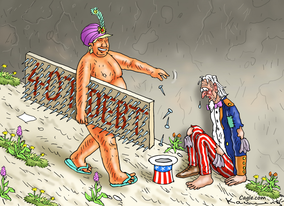 Trump Depicted as Fakir Carrying Massive National Debt Burden
