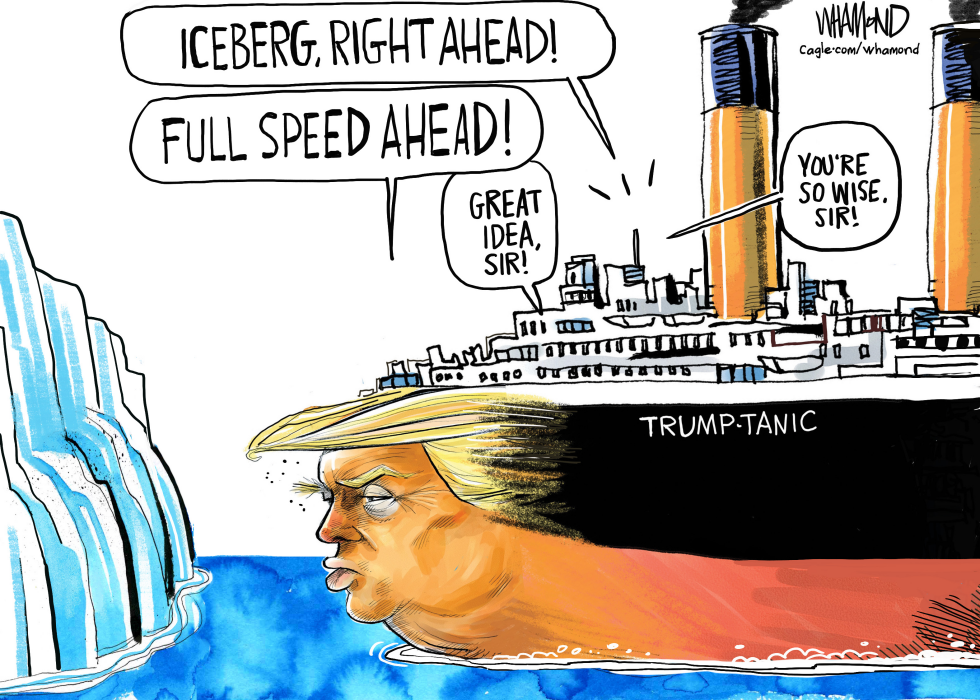 Trump as Titanic bow charges toward iceberg with yes-men aboard