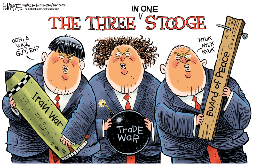 Three Stooges imagery highlights Iran and trade conflicts