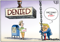 TRUMP LOWERS DENIED STAMP ON MAIL-IN BALLOTS by Christopher Weyant