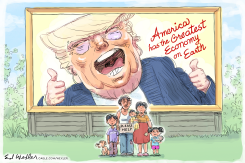 TRUMP ECONOMY BILLBOARD TOWERS OVER POOR FAMILY by Ed Wexler