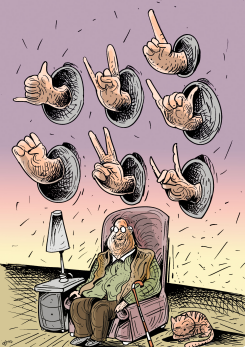 ELDERLY MAN FACES WALL OF GESTURES by Oguz Gurel