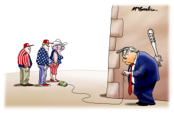 TRUMP HOLDS BAT LABELED 2027 by Malcolm McGookin
