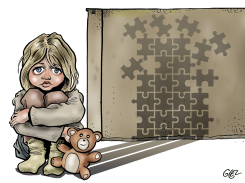 CHILD WITH TEDDY BEAR AND PUZZLE SCROLL by Damien Glez