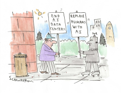 CONFLICTING AI PROTEST SIGNS by Harley Schwadron