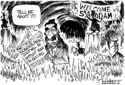 SADDAM AND GLOBAL WARMING BW by Joe Heller